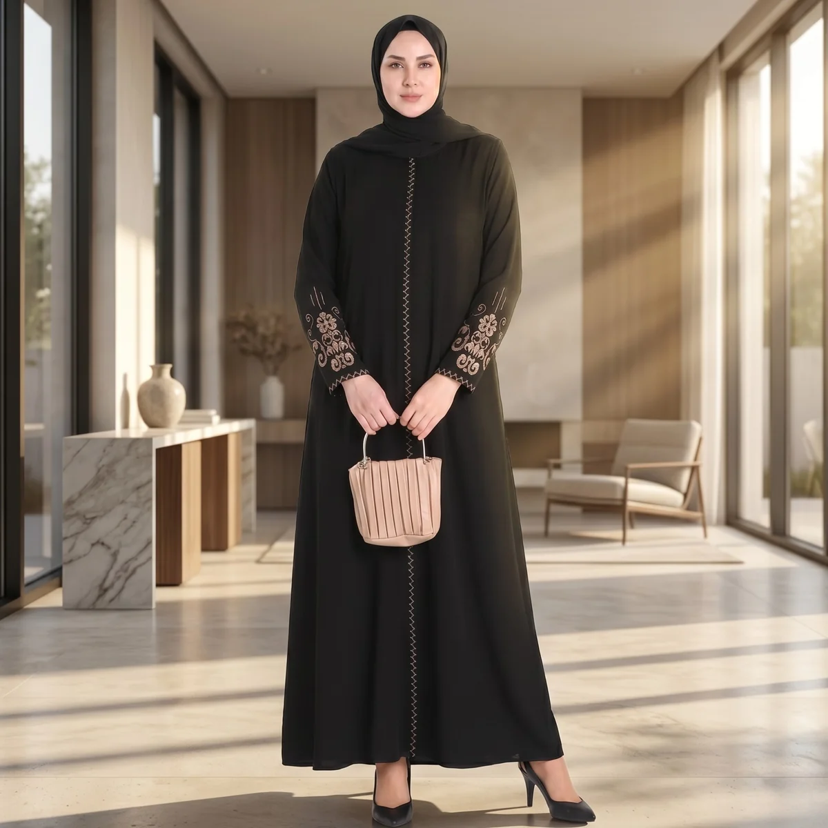 black embroidered sleeves abaya front